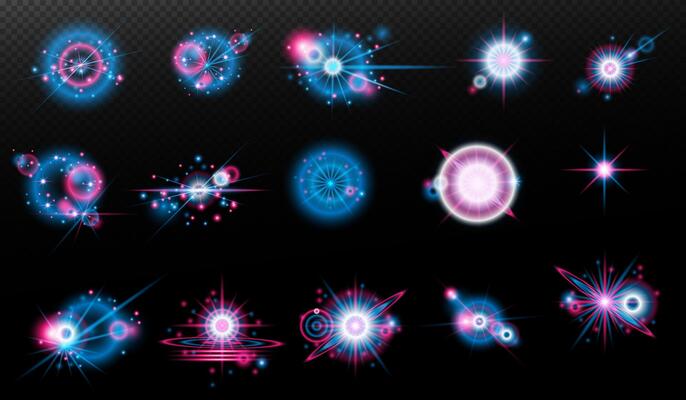 set of glowing blue and pink. stars and lights on a black background