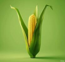 A fresh ear of corn proudly displays its golden kernels with leaves gracefully wrapped around it. The bright green background accentuates the natural hues, creating an appealing sight photo