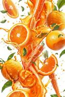 Bright oranges and carrots are splashing in juice, showcasing freshness and vitality. This vibrant poster promotes a deliciously healthy lifestyle with natural ingredients photo