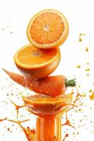 Fresh oranges are arranged in a balanced stack above a glass filled with bright orange juice, splashing droplets in the air photo