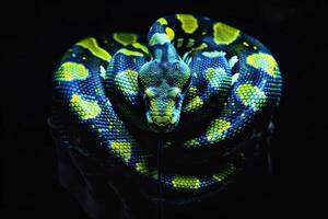 A stunning green and blue snake curls around a hand, displaying its vibrant scales under a black background, emphasizing its unique color patterns and textures photo