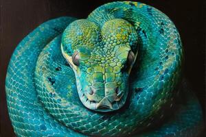 Close observation reveals the intricate patterns and vibrant hues of a green and blue snake coiled gracefully, emphasizing its natural beauty on a dark backdrop photo
