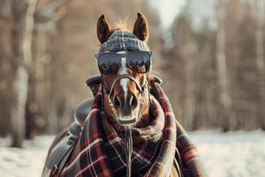 A horse poses confidently while wearing trendy sunglasses and a cozy scarf in a snowy forest. The serene landscape adds a whimsical touch to the charming scene photo