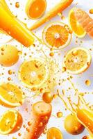 Bright orange juice splashes over slices of oranges and other citrus fruits on a clean white background, conveying a refreshing and energizing summer beverage experience photo
