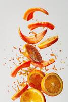 Bright orange slices and segments are suspended mid-air, with juice splattering outward in a dynamic display. The clean background emphasizes the freshness and vibrancy of the fruit photo