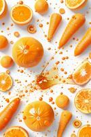 Bright orange fruits like oranges and carrots are artistically arranged to create an eye-catching visual. Juice splashes enhance the dynamic feel of this vibrant composition photo