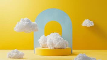 A bright yellow backdrop enhances soft, fluffy cloud shapes softly positioned around an arch, creating an inviting and serene atmosphere photo