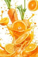 Fresh orange slices and vibrant carrots create a dynamic splash of juice set against a clean white background. This lively composition emphasizes health and vitality, inviting attention photo