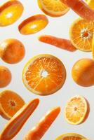 Bright orange slices and carrot pieces are artistically scattered against a clean white background, creating a fresh and lively composition photo