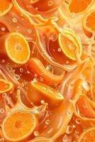 Vibrant orange slices and juice splashes create an enticing visual that highlights the freshness and flavor of oranges. Perfect for beverage promotions photo