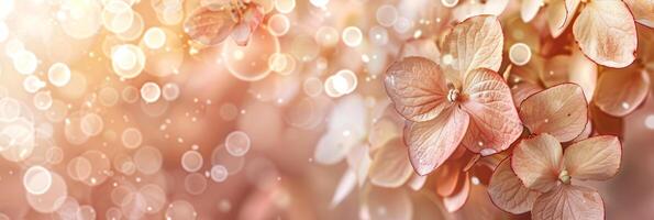 Delicate hydrangea flowers bloom in pastel colors, creating a serene atmosphere with gentle bokeh effects highlighted in the background photo