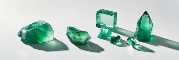 Emerald gemstones are closely arranged, displaying their vivid green color and diverse crystalline formations under soft lighting photo