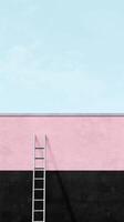 A minimalist design features a pink wall with a black base and a simple ladder against the pastel backdrop photo