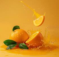 Fresh oranges are displayed on a bright yellow surface. One orange is sliced, and juice droplets splash around, highlighting the fruit's juiciness and vibrant texture photo