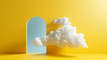 A cloud-shaped form appears to flow through an arched opening on a sunny yellow background, evoking a sense of calm and simplicity photo