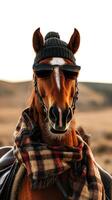 A horse with sunglasses and a beanie hat stands confidently, basking in the sunlight against a scenic rural backdrop, embodying a playful and relaxed spirit photo