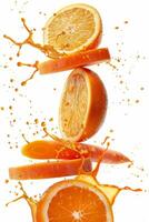 Fresh orange slices are dynamically suspended in the air, splashing vibrant juice against a clean white backdrop, showcasing the fruit's juiciness and appeal photo