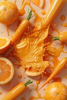 Fresh carrots and citrus fruits create a lively composition, featuring an explosion of orange juice spilling over their vibrant arrangement, highlighting freshness and flavor photo