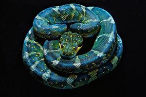 A vibrant green and blue snake coils peacefully against a contrasting black background, showcasing its unique scales and intricate patterns in stunning clarity photo