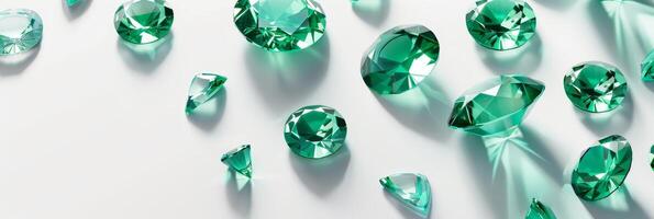 Vibrant emerald gemstones are meticulously arranged, displaying a range of shapes and sizes, reflecting light with stunning clarity photo