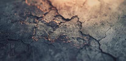 Detailed aged concrete surface reveals cracks and textures that illustrate the passage of time and environmental effects on materials photo