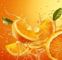 Juicy orange segments are cut in half, releasing droplets of juice while fresh green leaves float above. The vibrant background enhances the freshness of the fruit photo