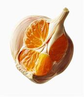 This striking garlic clove reveals bright orange segments tucked within its layers, showcasing a fascinating blend of flavors and colors. Nature surprises with this unusual combination photo