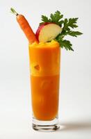 Vibrant carrot cocktail showcases a blend of fresh juices, topped with apple slices and herbs, perfect for a healthy refreshment at any gathering photo