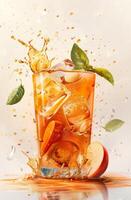 This colorful cocktail blends the flavors of carrot and apple, served in a tall glass with ice, splashes of juice, and fresh basil on a sunny Mykonos day. Perfect for summer relaxation photo