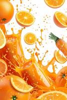 Fresh oranges burst with juice and vibrant color, creating an energizing atmosphere. Slices and splashes accompany a lively carrot, emphasizing health and vitality in a playful design photo