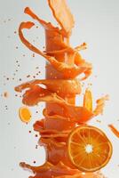 An artistic display showcases a dynamic orange splash, emphasizing the fruit's freshness. Bright orange juice cascades, highlighting textures and movement in the air, creating an appetizing visual photo