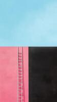 This artwork combines a pink wall and a black wall, with a ladder climbing upward against a clear blue sky, evoking curiosity and contemplation photo