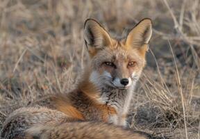 A red fox sits gracefully in the winter grassland, its thick fur blending with the earthy tones. The keen eyes observe the surroundings, capturing a moment of tranquility photo