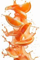 Juicy orange slices are captured mid-air, creating a dynamic splash of citrus juice. The bright colors and fluid motion showcase freshness and appeal, perfect for any food-related promotion photo