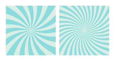 Set of Two Abstract Blue Spiral Patterns on Teal Background. Square Posters with Light Blue Groovy Hypnotic Swirls, Retro Inspired Grunge Sun Bursts vector