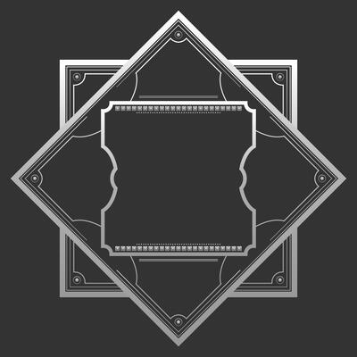 Silver Art Deco frame in hexagonal shape on dark background. Vintage retro Art Deco border design