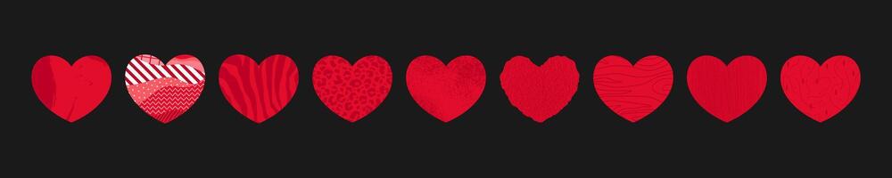 Red hearts icons with different textures. Textile, grunge heart icons, heart with animal print and abstract pattern vector