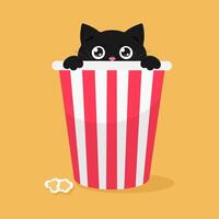 Curious black cat peeking out from popcorn bucket. Cute cartoon kitten character in popcorn bucket vector