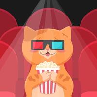 Happy ginger cat in 3d glasses in movie theater holding popcorn bucket. Cute cat watching a movie in movie hall with red seats and spotlight vector