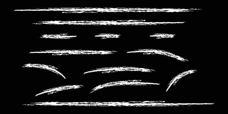 Chalk strokes grunge textured, horizontal brush strokes in white on black background.