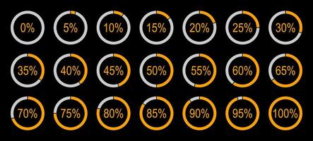 Circle graph percentage loading. Round diagrams icons from 0 to 100 percent. Infographics progress elements. Color fill pie, pizza charts indicator templates. vector