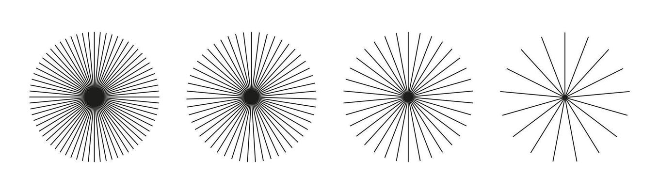 Set of Sunburst element, radial stripes. Ray beams, burst. Sun star rays. Spokes with radiating stripes grid. Radial circle radiation lines. Circular lines. Outline abstract graphic illusion pattern.