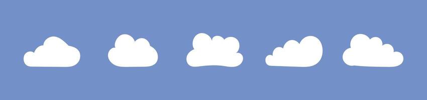 Fluffy clouds set. Clouds in blue sky. Puffy, cumulus clouds on blue background. Cloudy shapes mockups. Weather minimal elements templates. Objects cloudscape layouts. Hand drawn abstract white icons. vector