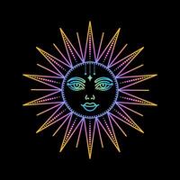 Mystic sun in linear style with gradient colours on black background. vector