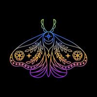 Mystic moth in linear style with gradient colours on black background. vector