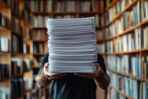 Man Holding Large Stack of Paper in Library photo