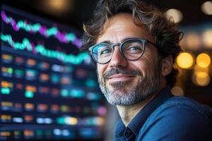 Smiling financial trader with glasses in front of stock market screen photo