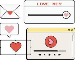 Valentine themed design in a retro computer Windows style. Cute pixel hearts, pop up love messages, pastel colors create a nostalgic yet modern aesthetic. Perfect for greeting cards, digital designs. vector