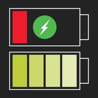 Battery charging icon showing power levels and a fully charged indicator. Represents energy, power, and device functionality. Perfect for UI, tech, and electronic themed designs in flat style. vector