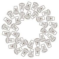 Abstract circular frame border Outline Disposable cups Coffee bean or heart shape on label Copyspace Template. Isolated illustration Thematic card or web promo leaflet, banner, price tag, label vector
